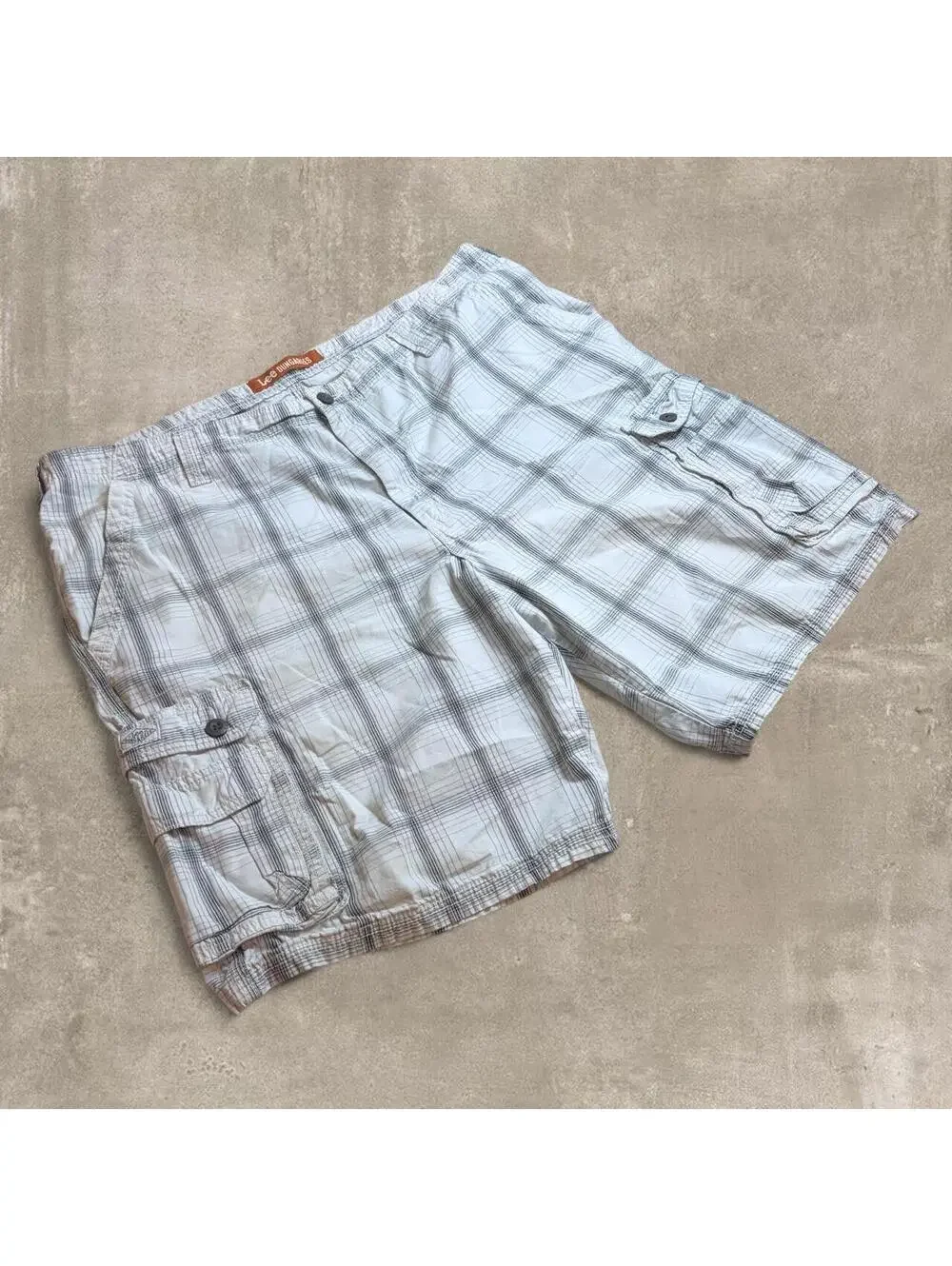 Vintage Y2K Lee Dungarees Mens Plaid Cargo Shorts 42 White Grid Utility Jorts